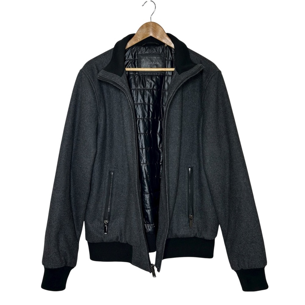 Calvin Klein Wool Blend Charcoal Gray Knit Trim Full Zipper Bomber Jacket L